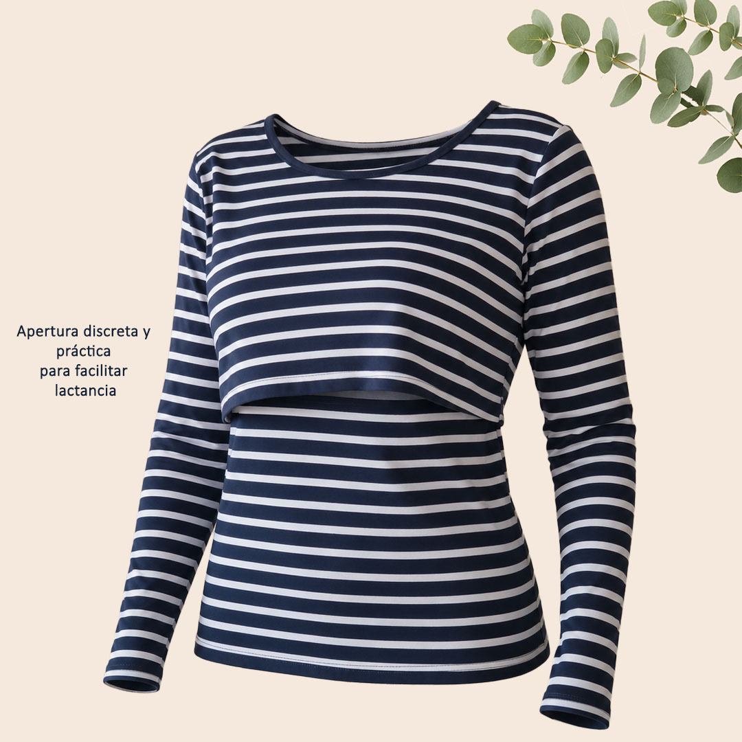 Polera Lactancia Algodón - Azul marino con rayas