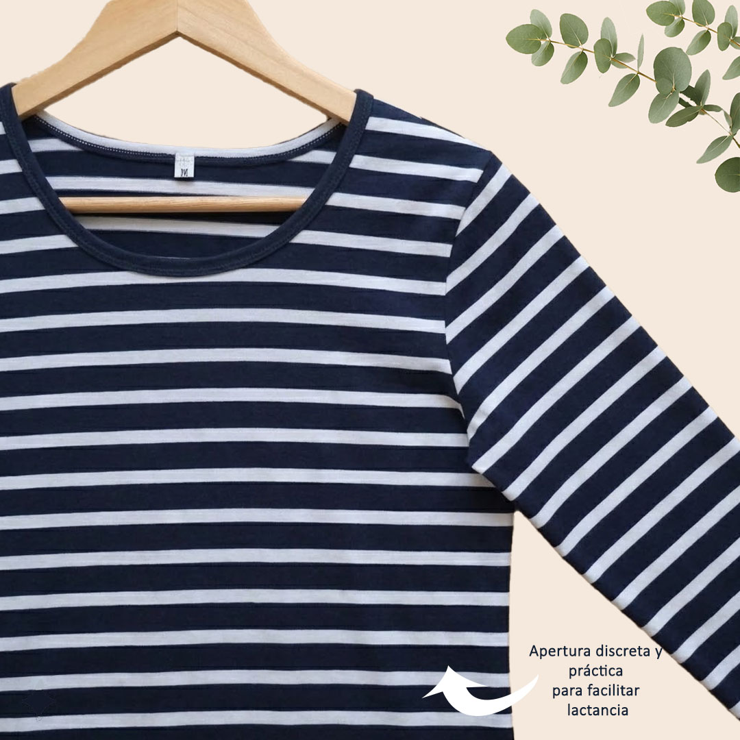 Polera Lactancia Algodón - Azul marino con rayas - Imagen 2