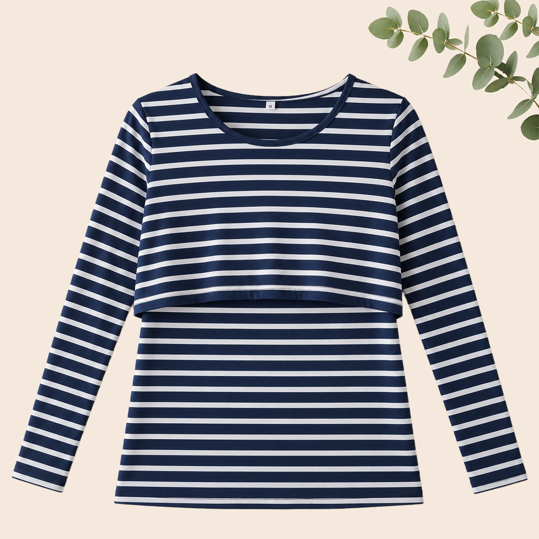Polera Lactancia Algodón - Azul marino con rayas - Imagen 3