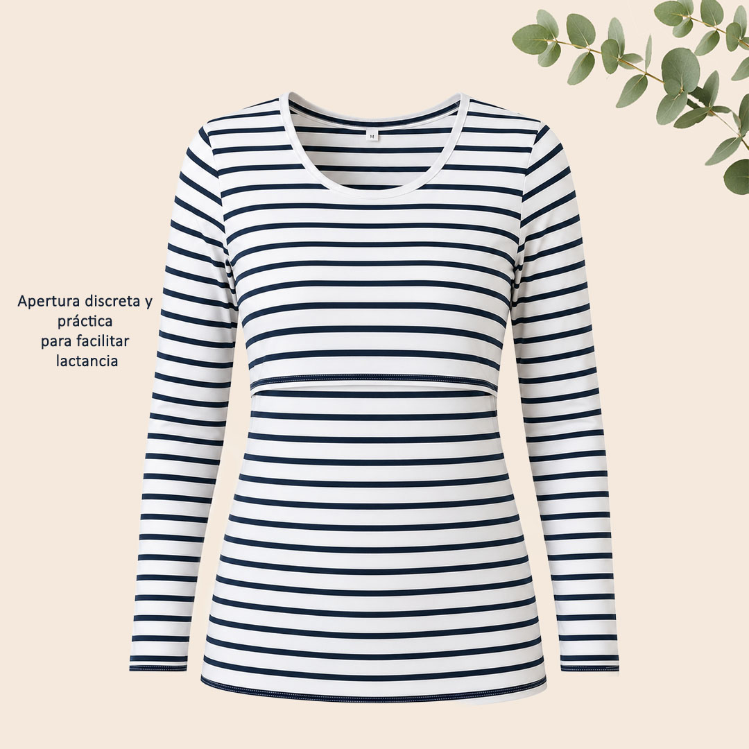 Polera Lactancia Algodón - Blanca con rayas