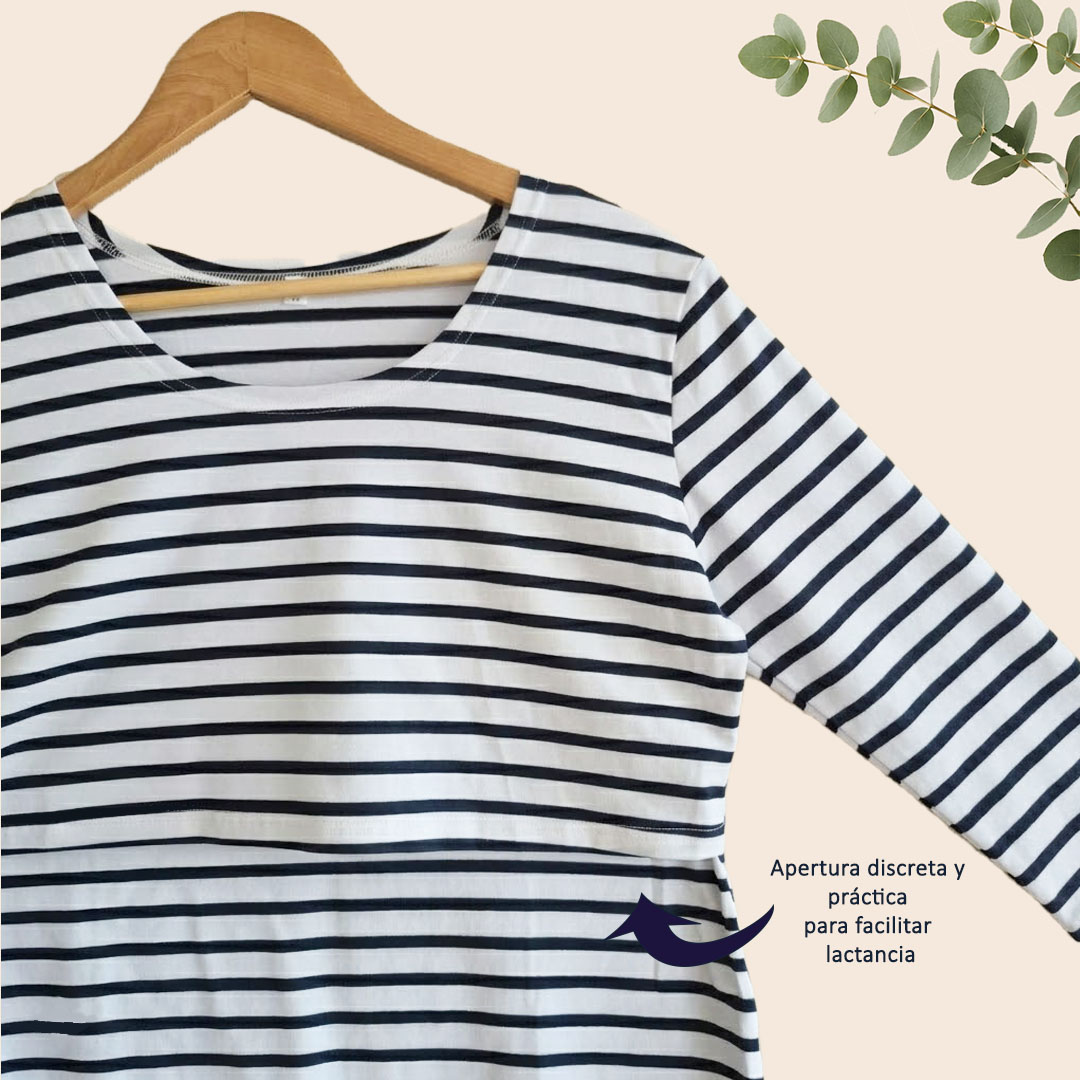 Polera Lactancia Algodón - Blanca con rayas - Imagen 2