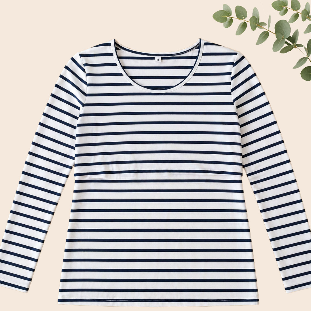 Polera Lactancia Algodón - Blanca con rayas - Imagen 3