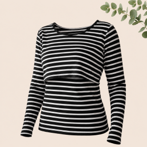 Polera Lactancia Algodón - Negra con rayas blancas